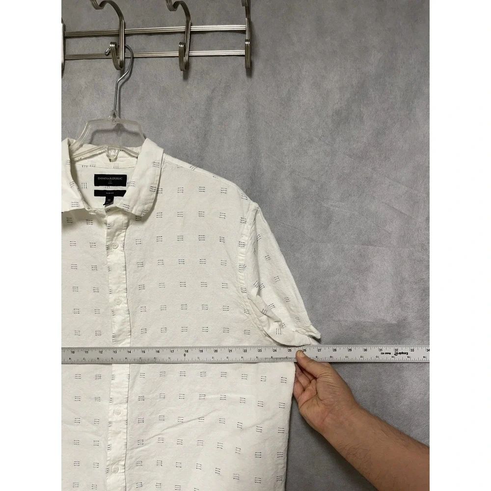 Banana Republic Shirt Men's XL Cream Linen Cotton Button Up Geometric AOP Preppy